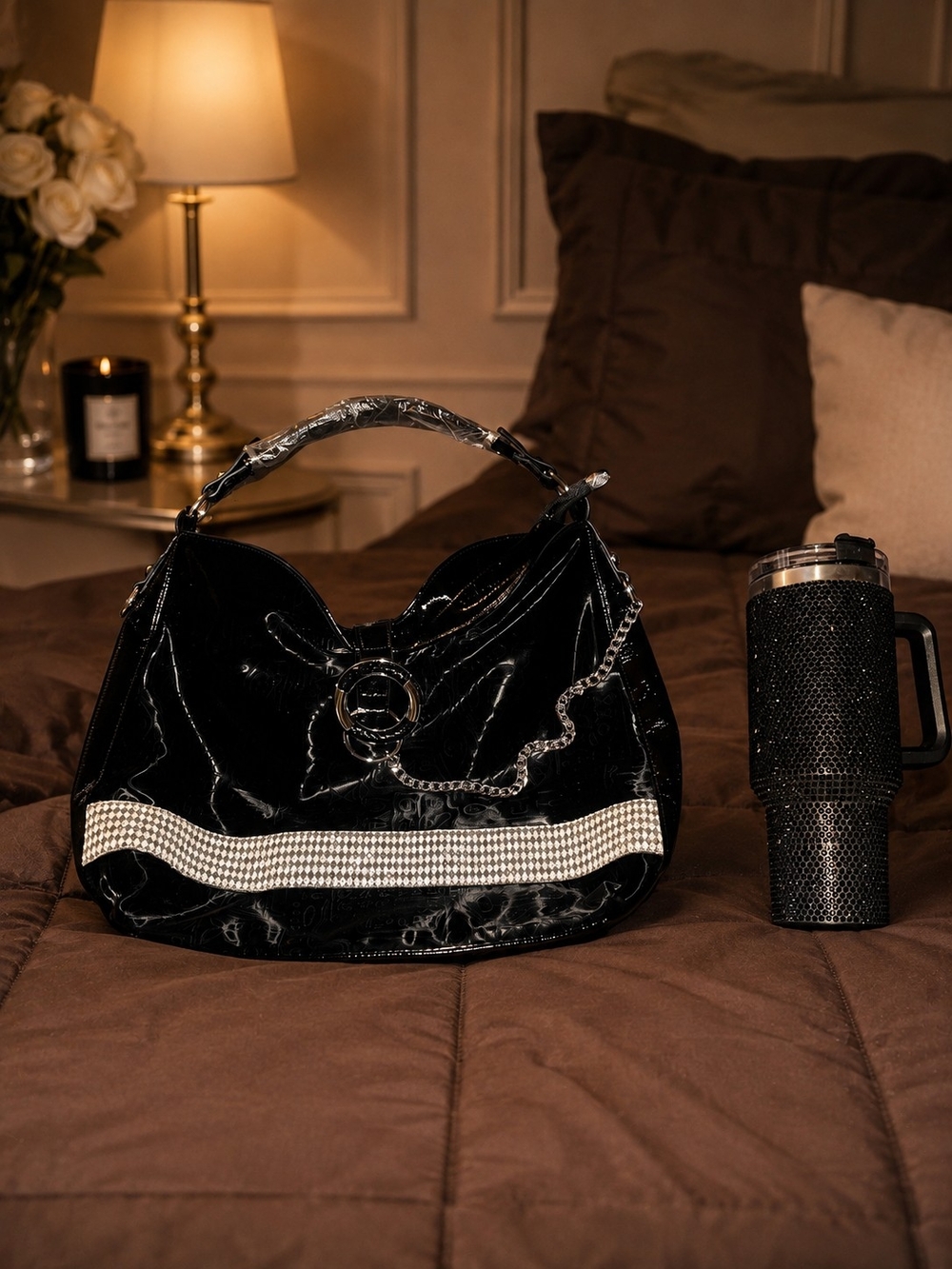 Brand New - Black Patent Shoulder Bag with Crystal Trim & Black Sequined Tumbler